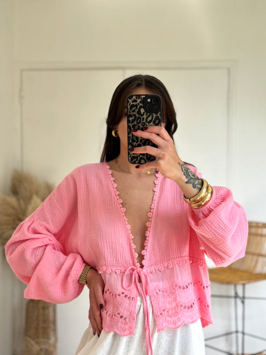 Blouse GAËLLE rose en gaze de coton