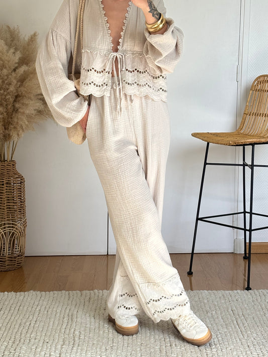 Pantalon AMBRE beige en gaze de coton