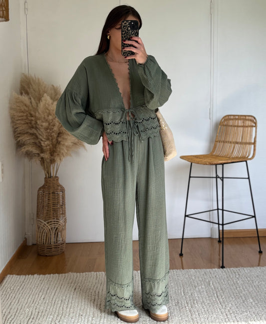 Pantalon AMBRE kaki en gaze de coton