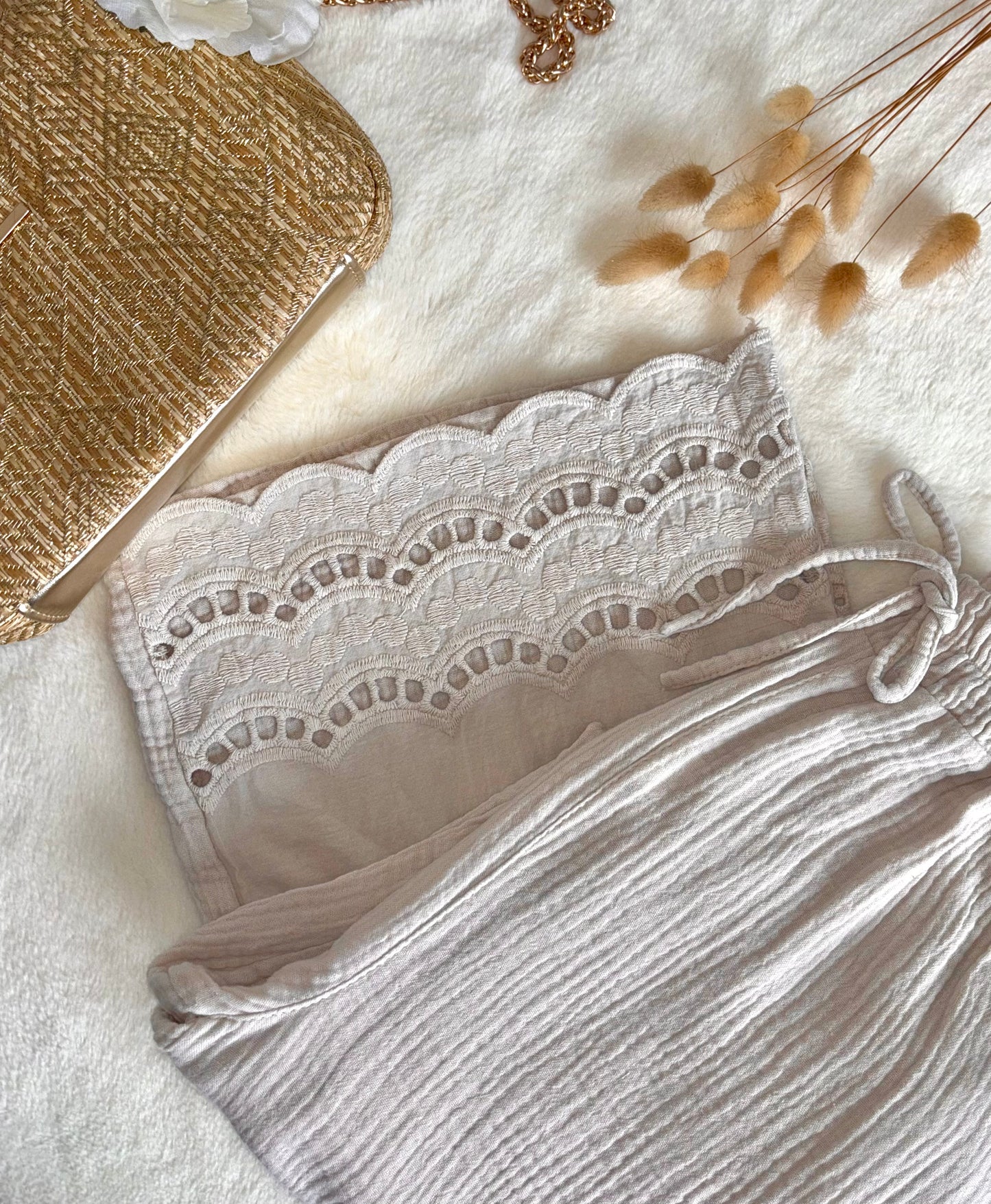 Pantalon AMBRE beige en gaze de coton