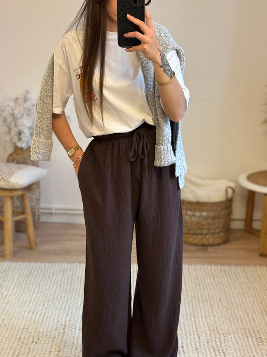 PANTALON SOFIA GAZE DE COTON - MARRON